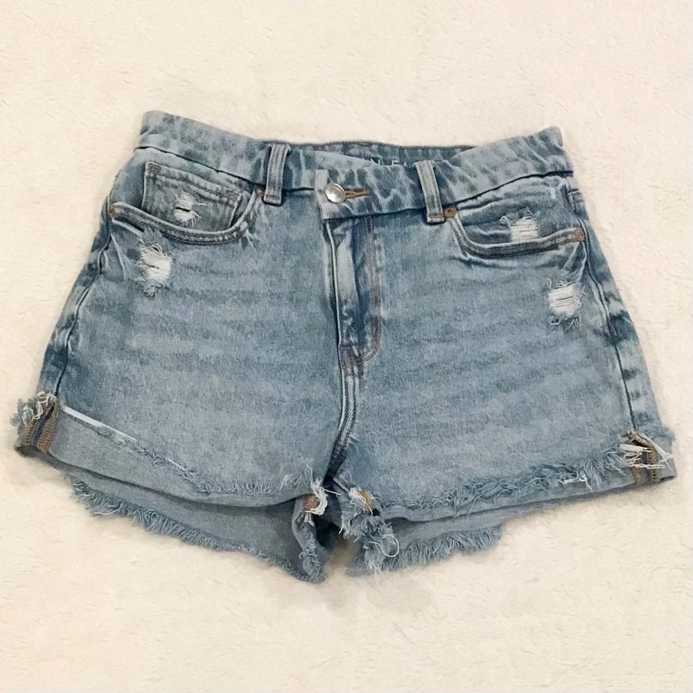 American Eagle 2 Curvy Mom Denim Shorts Stretch High Rise Crossover Waistband